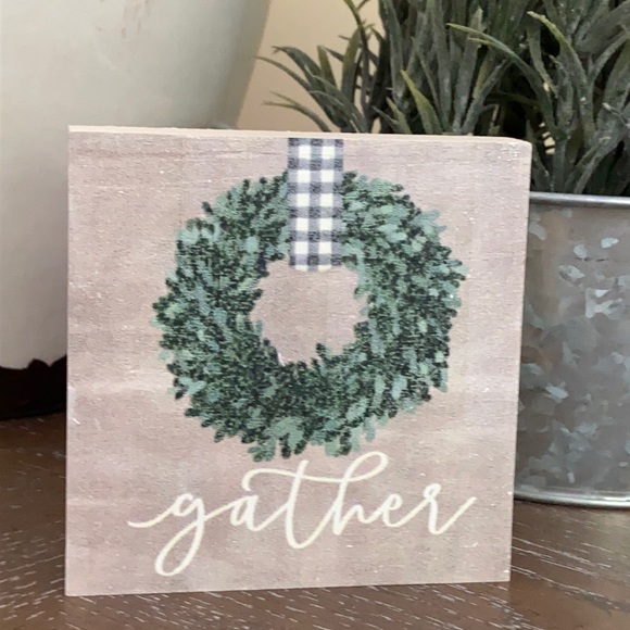 Farmhouse Buffalo Check Wreath Gather Wood Sign - Picture 2 of 7
